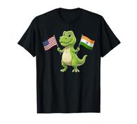 Joli T-Rex Tenant Le Drapeau des États-Unis et de la Jamaïque Culture Mixte T-Shirt