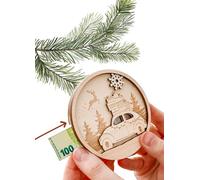 JoliCoon Cadeau d’Argent Noël, Boule de Noël en Bois, Porte-Billets | Bois multicouche, motifs gravés : voiture, renne et flocon, pour billets pliés, à suspendre au sapin, 9 × 9 cm