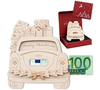 JoliCoon Cadeau d’Argent Voiture de Noël Merry Christmas | Cinq couches de bois collées, jusqu’à 3 billets pliés, coffret rigide aimanté, gravure précise, verso inscriptible