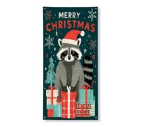 Jolie bannière de porte de Noël en forme de raton laveur, décoration de vacances festive avec cadeaux et flocons de neige, décoration saisonnière intérieure ou extérieure, 91,4 x 183 cm