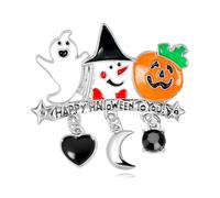 Jolie broche en émail Happy Halloween, motif fantôme, citrouille, sorcière, avec breloques pendantes en forme de croissant de cœur noir et oxyde de zirconium rond, cadeau de 4,2 cm pour fête, veste