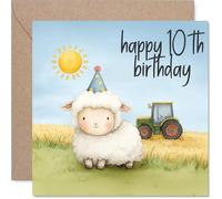 Jolie carte d'anniversaire 10 ans - Il est temps de faire la fête à la ferme - Adorable mouton dans un chapeau de fête avec scène de tracteur ensoleillé - Charmera à coup sûr tout amateur d'animaux