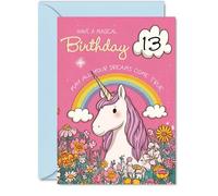 Jolie carte d'anniversaire 13 ans - Explosion de magie - Licorne fantaisiste, arc-en-ciel et fleurs aux couleurs vives - Parfaite pour une célébration de rêve - 12,7 x 17,8 cm, enveloppe incluse