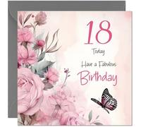 Jolie carte d'anniversaire 18 ans - Belle carte d'anniversaire avec papillon et rose rose pour fille de 18 ans, femme, dix-huitième