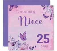 Jolie carte d'anniversaire 25 ans pour nièce - 63,5 cm style - Jolis papillons et fleurs sur fond rose clair - Carré de 145 mm, enveloppe incluse