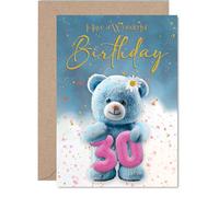 Jolie carte d'anniversaire 30 ans - Ours en peluche bleu rayonnant de joie - Motif festif 30e anniversaire avec confettis - Sure to Raise a Smile - A5, enveloppe incluse