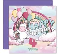 Jolie carte d'anniversaire 4 ans - Explosion de magie d'anniversaire - Licorne joyeuse avec arc-en-ciel et ballons - Carré de 145 mm, enveloppe incluse
