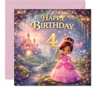 Jolie carte d'anniversaire 4 ans - Make Her Day Sparkle - Princesse fantaisiste dans une robe rose, château magique et papillons - Parfait pour les vœux d'anniversaire - Carré de 145 mm, enveloppe