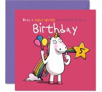 Jolie carte d'anniversaire 5 ans - Licorne fantaisiste et arc-en-ciel Bash - Explosion de ballons, de paillettes et de plaisir d'anniversaire magique - Carré de 145 mm, enveloppe incluse