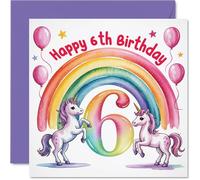 Jolie carte d'anniversaire 6 ans - Explosion de magie d'anniversaire - Licorne, arc-en-ciel et ballons Pop avec couleurs joyeuses - Carré de 145 mm, enveloppe incluse