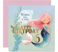 Jolie carte d'anniversaire 6 ans - Faites une éclaboussure lors de leur journée spéciale - Sirène joyeuse en rose pastel et bleu avec détails pétillants sous l'eau - Carré de 145 mm, enveloppe incluse