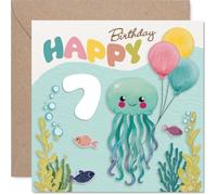 Jolie carte d'anniversaire 7 ans - Faites une éclaboussure avec d'adorables méduses amusantes - Scène sous-marine pastel avec ballons et créatures marines - Carré de 145 mm, enveloppe incluse