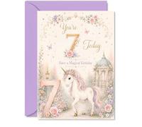 Jolie carte d'anniversaire 7 ans - Motif fleurs et papillons pastel