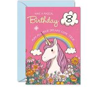 Jolie carte d'anniversaire 8 ans - Répandez un peu de magie - Licorne fantaisiste et arc-en-ciel avec fleurs colorées - Parfait pour une célébration joyeux de 8e anniversaire - A5, enveloppe incluse
