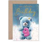 Jolie carte d'anniversaire 9 ans - Explosion de joie d'anniversaire - Ours en peluche bleu câlin chiffre rose 9 dans une fête confettis - Garantie de ravir les tout-petits - 12,7 x 17,8 cm, enveloppe