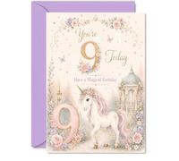 Jolie carte d'anniversaire 9 ans, licorne fantaisiste et papillons