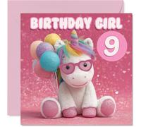 Jolie carte d'anniversaire 9 ans - Sprinkle Her Big Day with Magic - Adorable licorne et ballons pastel sur un fond rose scintillant - Carré de 145 mm, enveloppe incluse
