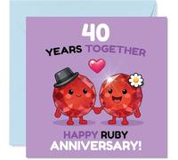 Jolie carte d'anniversaire de 40 ans - Deux adorables pierres précieuses rubis main dans la main - Motif dessin animé célèbre 40 ans d'amour - Carré de 145 mm, enveloppe incluse
