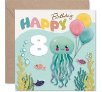 Jolie carte d'anniversaire de 8 ans - Make a Splash on Their Big Day - Méduse souriante avec ballons et amis sous-marins - Carré de 145 mm, enveloppe incluse