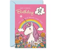 Jolie carte d'anniversaire de 8 ans - Sprinkle a Little Magic - Licorne, arc-en-ciel et fleurs - Explosion de couleurs joyeuses et d'éclat - 12,7 x 17,8 cm, enveloppe incluse