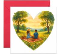 Jolie carte d'anniversaire de mariage pour couple, illustration en forme de cœur, motif pique-nique de couple - Carte carrée, vierge à l'intérieur avec enveloppe