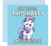 Jolie carte d'anniversaire - Licorne Joie et vœux d'anniversaire - Motif bleu pastel avec message joyeux - Garanti pour égayer leur jour spécial - Carré de 145 mm, enveloppe incluse