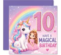 Jolie carte d'anniversaire pour 10 ans, Have a Magical Day | Licorne scintillante et princesse par un arc-en-ciel, effet pailleté pour plus d'éclat, carré de 145 mm, enveloppe incluse