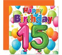 Jolie carte d'anniversaire pour 15e anniversaire - Vibes colorées - Ballons et étoiles dans un design multicolore vif - Parfait pour un jalon joyeux - Carré de 145 mm, enveloppe incluse
