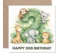 Jolie carte d'anniversaire pour 2e anniversaire - Amusant - Numéro 2 vert avec un gang d'animaux joyeux - Design ludique qui ravira les tout-petits - Carré de 145 mm, enveloppe incluse