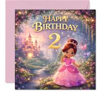 Jolie carte d'anniversaire pour 2e anniversaire - Aventure magique de princesse rose - Château enchanteur avec papillons et accents dorés - Carré de 145 mm, enveloppe incluse