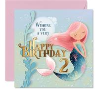 Jolie carte d'anniversaire pour 2e anniversaire - Faites une éclaboussure sur leur grand jour - Motif sirène pastel fantaisiste avec des vibrations de mer étincelantes - Carré de 145 mm, enveloppe
