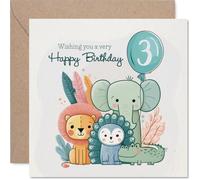 Jolie carte d'anniversaire pour 3e anniversaire, amis de safari