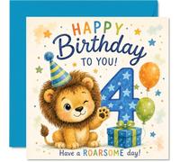 Jolie carte d'anniversaire pour 4e anniversaire, « Have a Roarsome Day » | Lion effronté dans un chapeau de fête avec ballons et chiffre 4 étoilé, aquarelle lumineuse et ludique, 145 mm carré