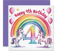 Jolie carte d'anniversaire pour 4e anniversaire - Magical Birthday Wishes - Licorne, arc-en-ciel pastel et ballons - Breloque fantaisiste pour leur jour spécial - Carré de 145 mm, enveloppe incluse