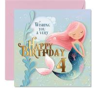 Jolie carte d'anniversaire pour 4e anniversaire - Make a Splash Turning 4 - Sirène fantaisiste dans des teintes pastel de rêve - sûr de ravir n'importe quelle petite étoile d'anniversaire - Carré de