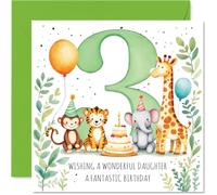 Jolie carte d'anniversaire pour fille - Adorable scène d'animaux - Gâteau coloré, ballons et un grand chiffre trois - Débordant de joie d'anniversaire - Carré de 145 mm, enveloppe incluse