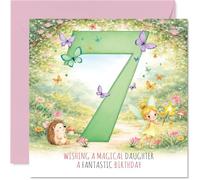 Jolie carte d'anniversaire pour fille - Débordante de magie d'anniversaire - Fée, hérisson et scène naturelle avec numéro sept en gras - Carré de 145 mm, enveloppe incluse
