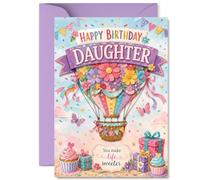 Jolie carte d'anniversaire pour fille, « Life's a Beautiful Adventure with | Montgolfière, fleurs et cupcakes en pastel, format A5, enveloppe incluse