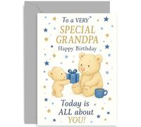 Jolie carte d'anniversaire pour grand-père, ours en peluche relaxant avec cadeau bleu classique pour lui, de la part de petit-fils ou petite-fille, avec enveloppe de qualité supérieure