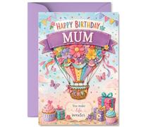 Jolie carte d'anniversaire pour maman, vous rendez la vie plus douce | Motif montgolfière et cupcakes fantaisie, couleurs pastel pour une fête joyeuse, format A5, enveloppe incluse