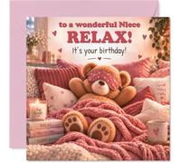 Jolie carte d'anniversaire pour nièce, ambiance d'anniversaire confortable | Ours en peluche avec bougies et cœurs en rose, pour une journée merveilleusement relaxante, carré de 145 mm