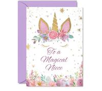 Jolie carte d'anniversaire pour nièce - Sprinkle a Little Magic - Licorne fantaisiste avec couronne florale en rose et or - Une façon joyeuse d'égayer sa journée - A5, enveloppe incluse