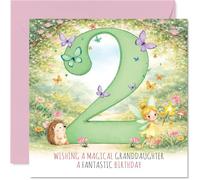 Jolie carte d'anniversaire pour petite-fille - Voeux d'anniversaire magiques - Fée, hérisson et papillon amis rassemblés autour d'un grand chiffre vert carré de 2 à 145 mm, enveloppe incluse