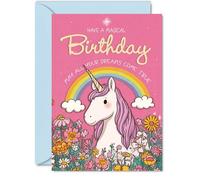 Jolie carte d'anniversaire - Sprinkle Some Magic on Their Day - Licorne fantaisie, arc-en-ciel et fleurs dans des couleurs joyeuses - Garanti pour élever un sourire - A5, enveloppe incluse