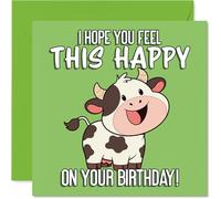 Jolie carte d'anniversaire - Vibes joyeuses - Vache de dessin animé sur vert vif avec vœux d'anniversaire joyeux - sûr de remonter l'humeur de tout le monde - Carré de 145 mm, enveloppe incluse