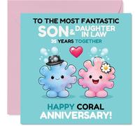 Jolie carte de 35e anniversaire pour beau-fils et belle-fille - Célébrant 35 ans d'amour - Adorables personnages de corail partagent un sourire - Carré de 145 mm, enveloppe incluse