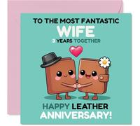 Jolie carte de 3e anniversaire pour femme - Trois ans d'amour et de rires - Adorables portefeuilles tenant la main, motif anniversaire de mariage ludique en cuir - Carré de 145 mm, enveloppe incluse
