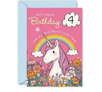 Jolie carte de 4e anniversaire - Saupoudrer d'éclat - Licorne fantaisiste, arc-en-ciel et fleurs aux couleurs vives - Donne vie à un souhait d'anniversaire magique - 12,7 x 17,8 cm, enveloppe incluse