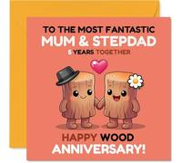 Jolie carte de 5e anniversaire pour beau-père et maman - Duo fantaisiste en bois célèbre cinq ans - Motif ludique d'amour et de famille - Carré de 145 mm, enveloppe incluse
