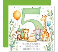 Jolie carte de 5e anniversaire pour petite-fille - Débordante de joie d'anniversaire - Animaux adorables, ballons colorés et gâteau entourant un chiffre lumineux de 5 à 145 mm, enveloppe incluse